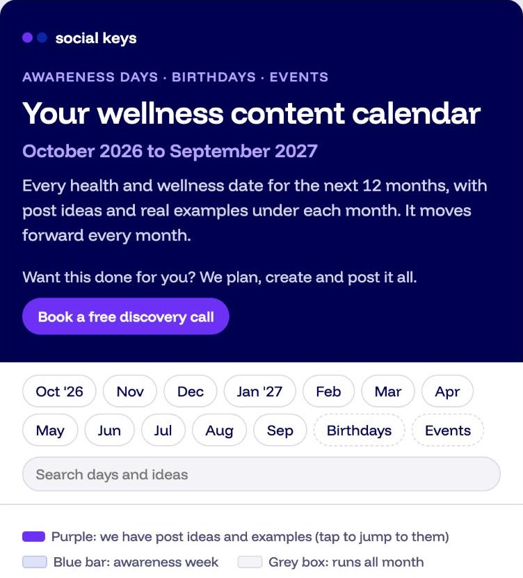 Preview of the Social Keys wellness content calendar
